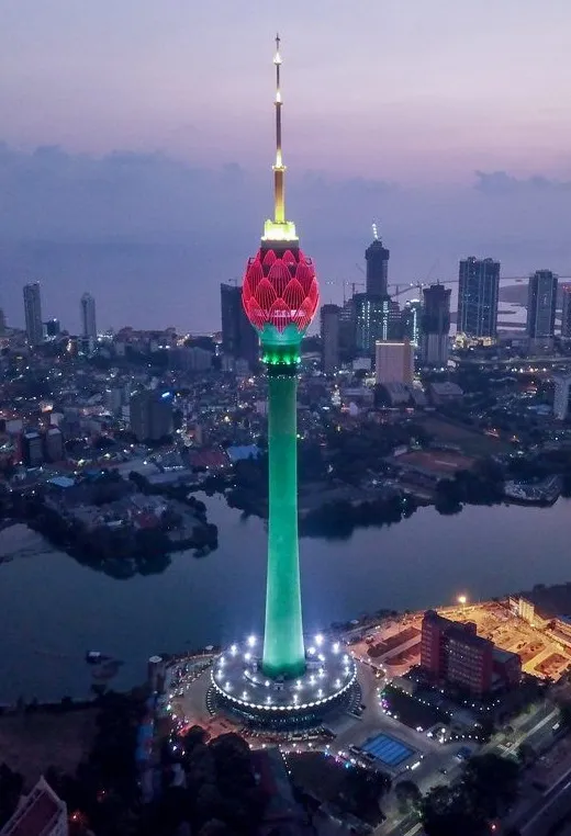 Colombo Lotus Tower lit at night, where Majestic Pride Casino is located